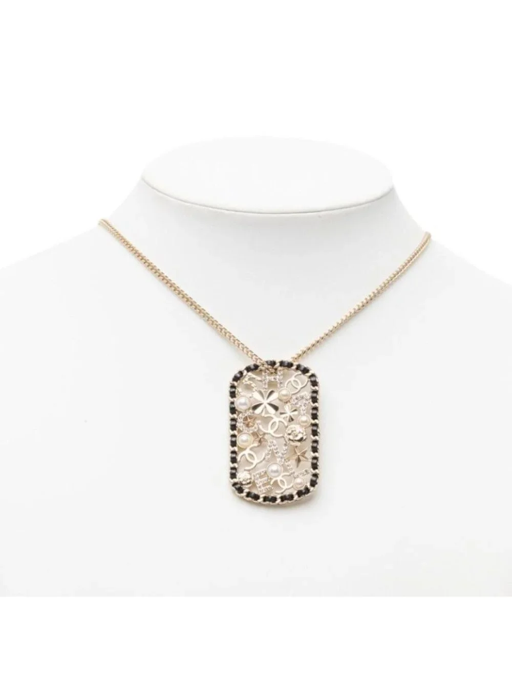 Chanel CC Logo Clover Camellia Chain Necklace Gold Black Plated Faux Pearl